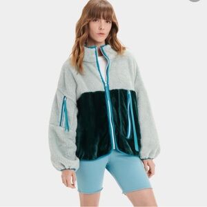 UGG Marlene Sherpa Zip Jacket | Cozy Outdoor Utility Fleece | Teal Gray | M